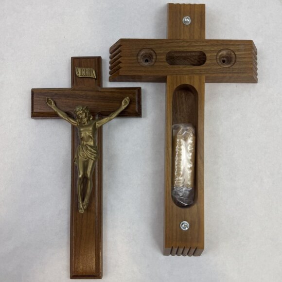 Vintage Crucifix Sick Call Set Walnut Wood Last Rights Cross Catholic INRI 13" - Picture 3 of 12